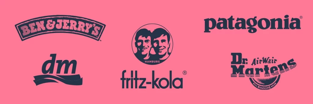 Logos bekannter Love Brands: Ben & Jerry’s, dm, Fritz-Kola, Patagonia und Dr. Martens – dargestellt in einem modernen rosa-blauen Farbschema als Symbol für Marken mit hoher emotionaler Kundenbindung.