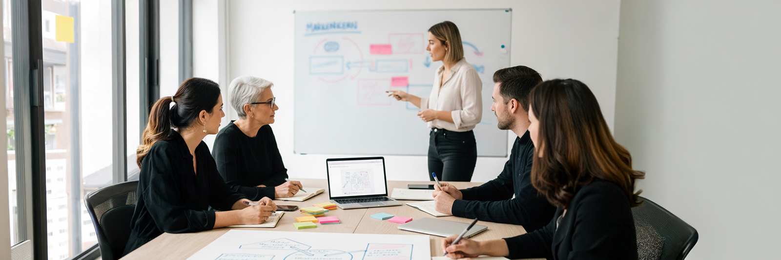 Kund:innen und BrandingByMates entwickeln in einem Workshop gemeinsam eine Markenstrategie vor Whiteboard und Marken-Canvas.