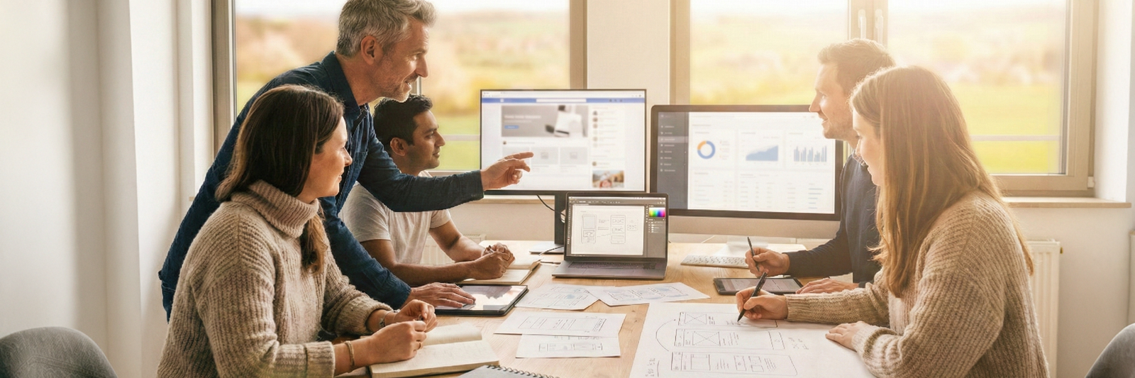 Team einer Agentur für digitale Kommunikation analysiert Webseiten, Social-Media-Inhalte und Daten, um eine digitale Kommunikationsstrategie für eine Marke zu entwickeln.