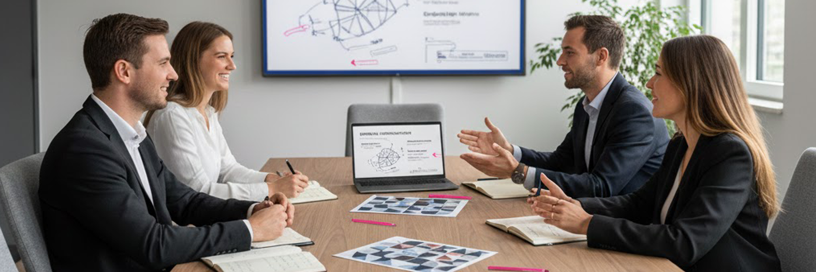 Kund:innenteam und BrandingByMates sitzen im Beratungsmeeting zusammen und arbeiten an Markenstrategie und Kommunikation.