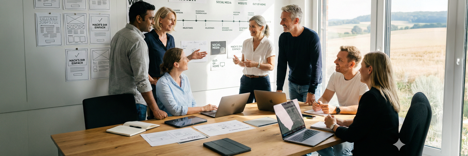 Kreatives Team einer Werbeagentur plant an einem Whiteboard eine Marketingkampagne mit Motiven, Botschaften und Kanälen.