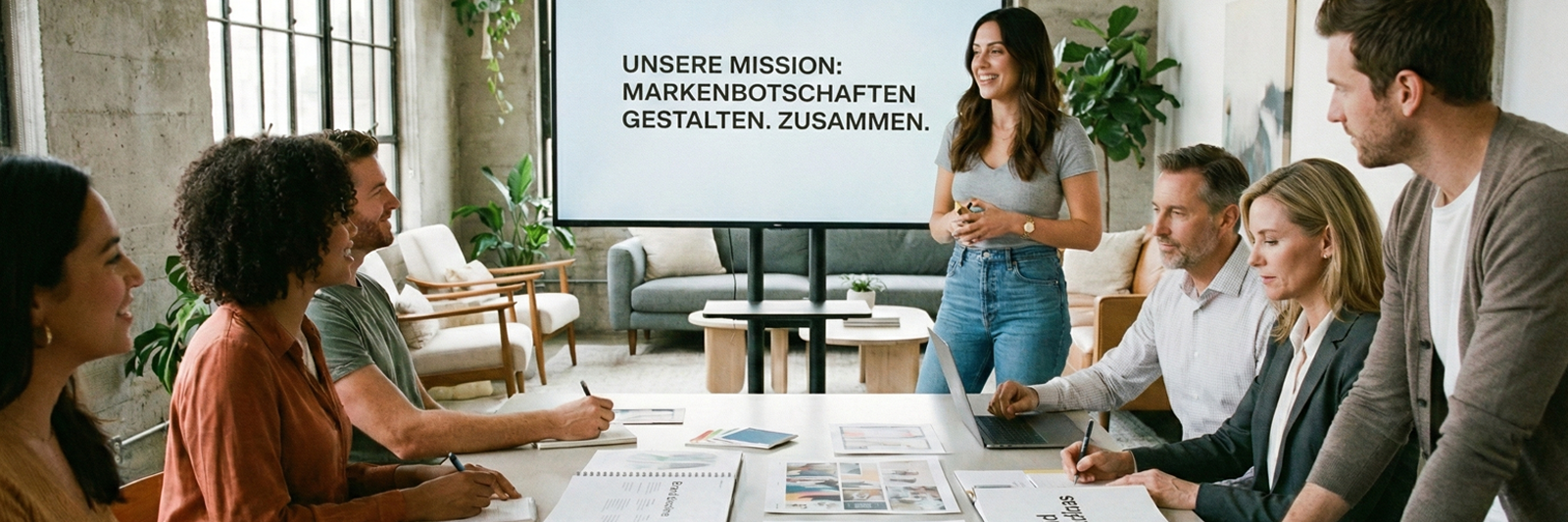 Team einer Markenkommunikation Agentur entwickelt im Workshop Markenbotschaften, Bildwelt und Kommunikationsstrategie bei BrandingByMates.