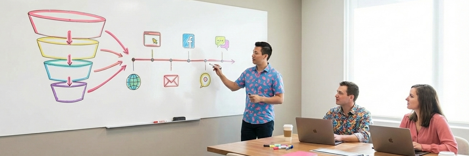 Whiteboard mit gezeichnetem Marketing Funnel und digitaler Customer Journey, verbunden durch Pfeile, vor einem kleinen Workshop-Team.