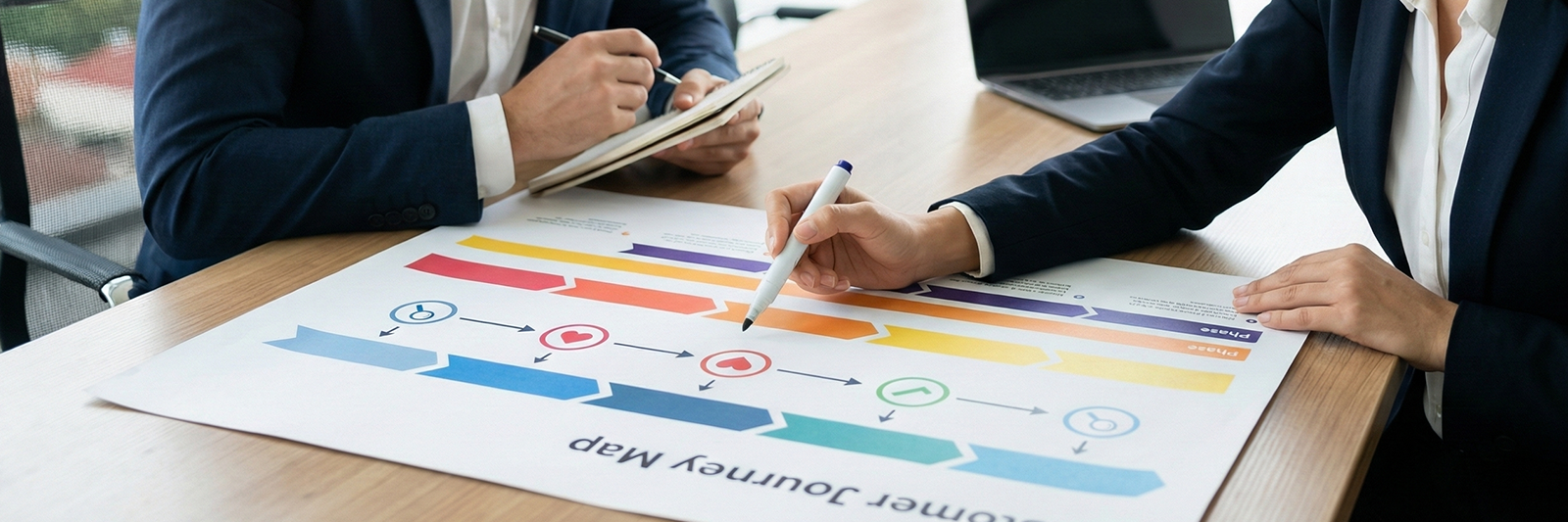 Zwei Personen analysieren gemeinsam eine Customer-Journey-Map mit Phasen und Touchpoints auf einem großen Blatt Papier.