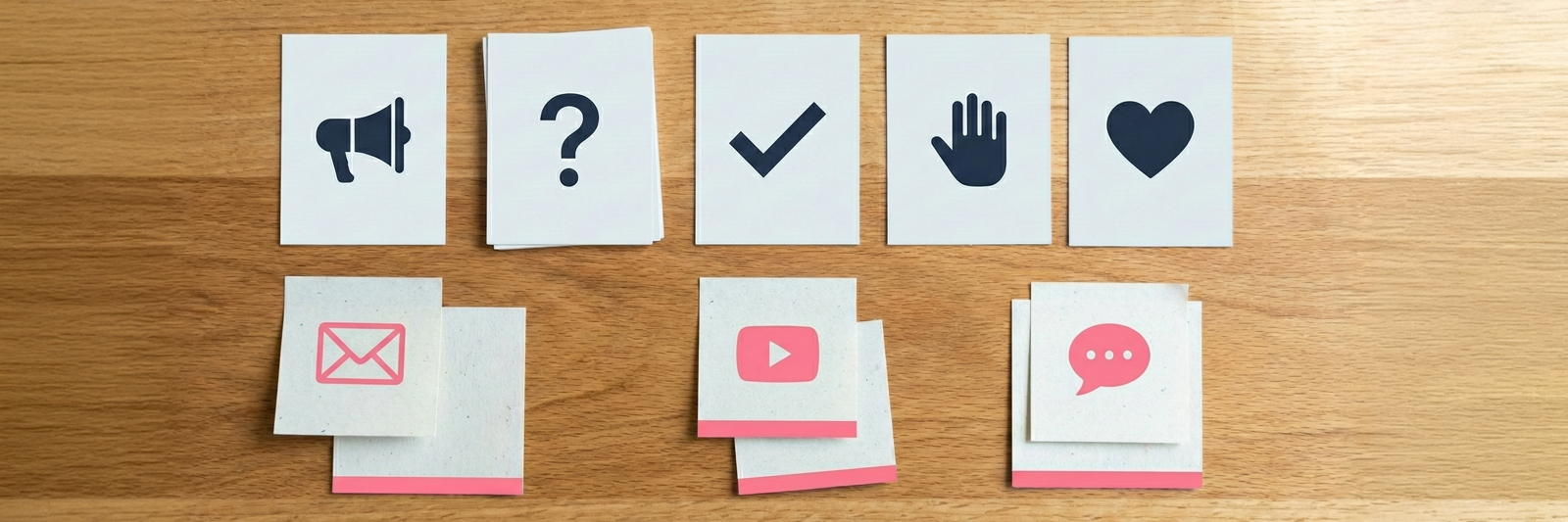 Karten mit Symbolen für die Phasen des Marketing Funnels und passenden Maßnahmen liegen geordnet auf einem Tisch.