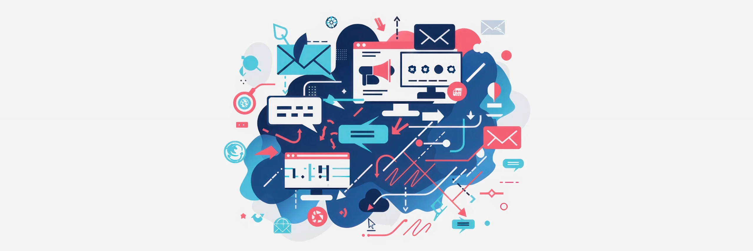 abstrakte illustration agentur für markenkommunikation mit symbolen für digitale kanäle, content strategie und vernetzte markenführung