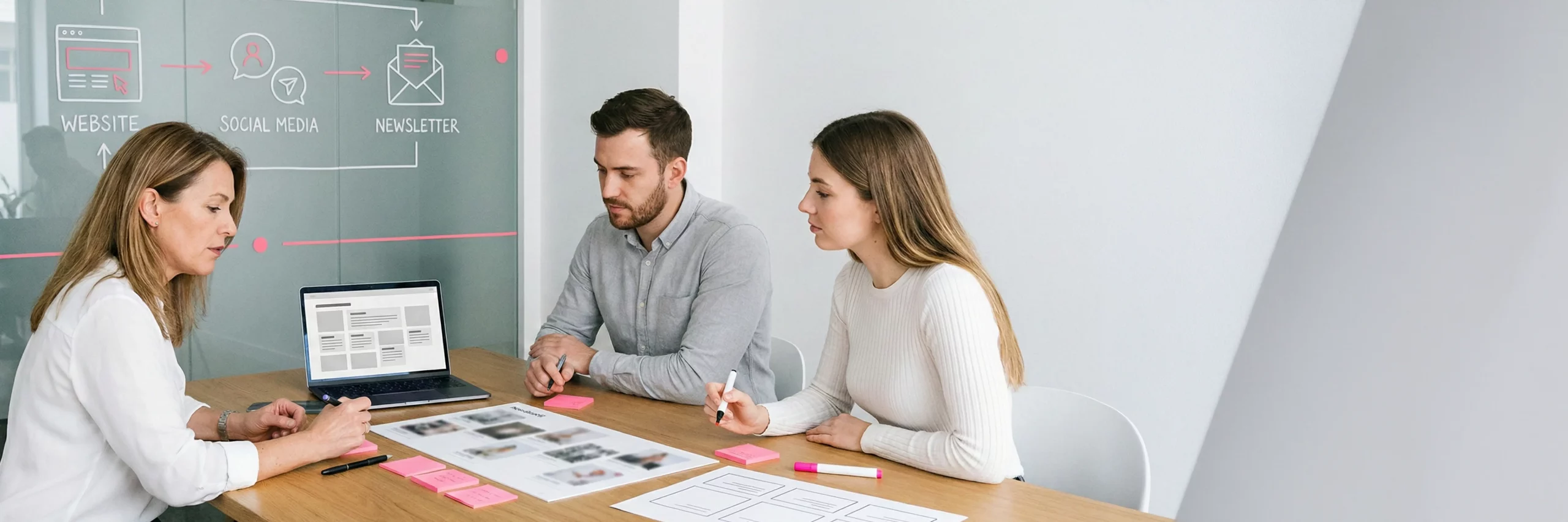 Team einer Agentur für Markenkommunikation entwickelt eine Strategie mit Content-Planung und Kanal-Icons in einem Workshop.