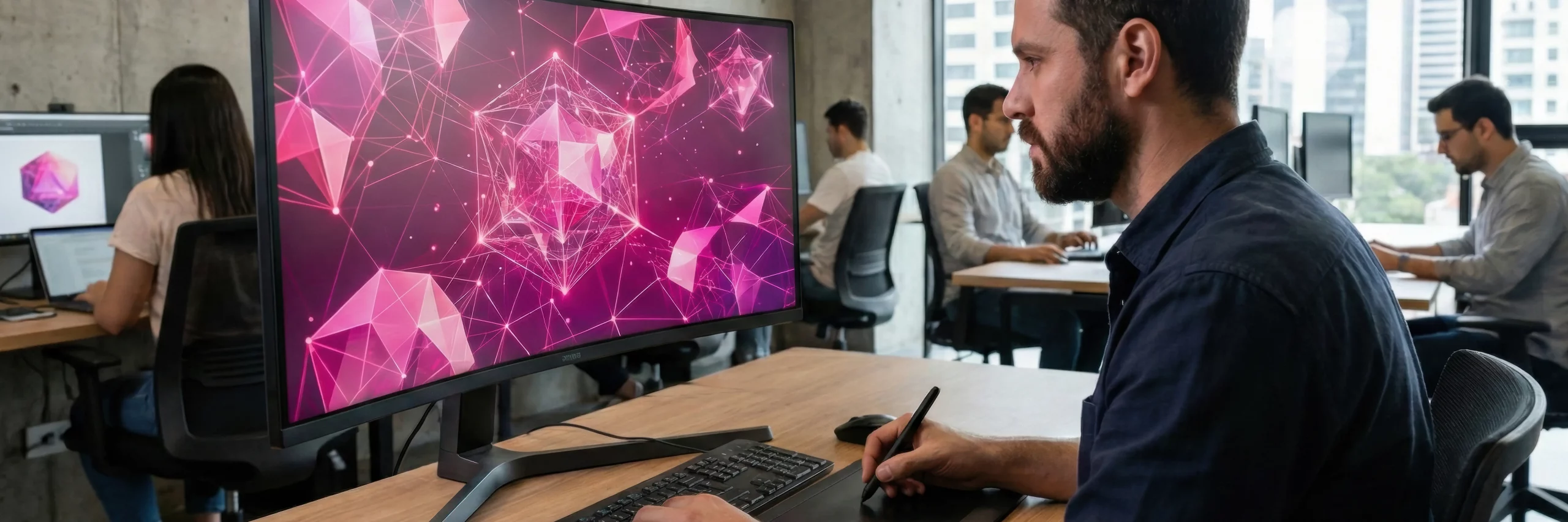 Professionelles Team bei der Arbeit an AI Logo Design in einer modernen Agentur.