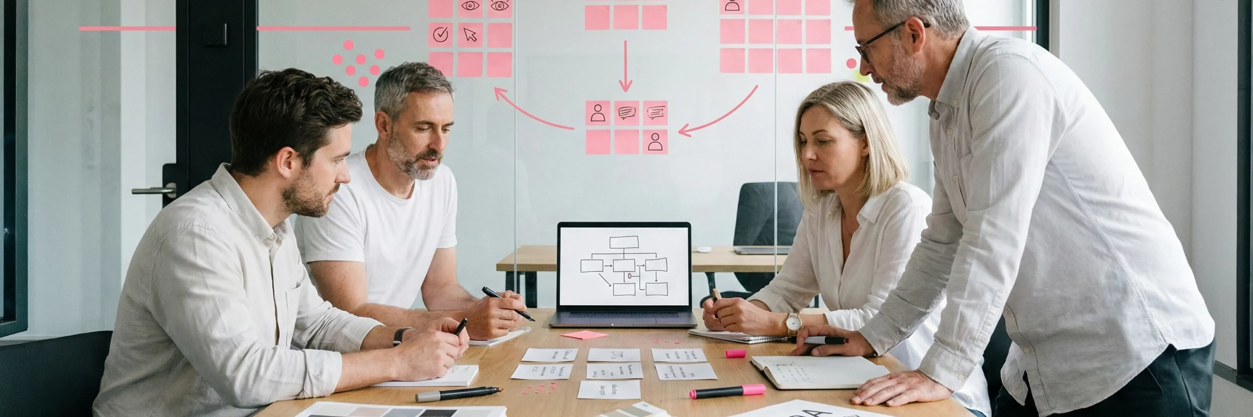 Team in einem Branding Workshop entwickelt Markenstrategie mit Moodboard, Post-its und klaren Leitplanken.