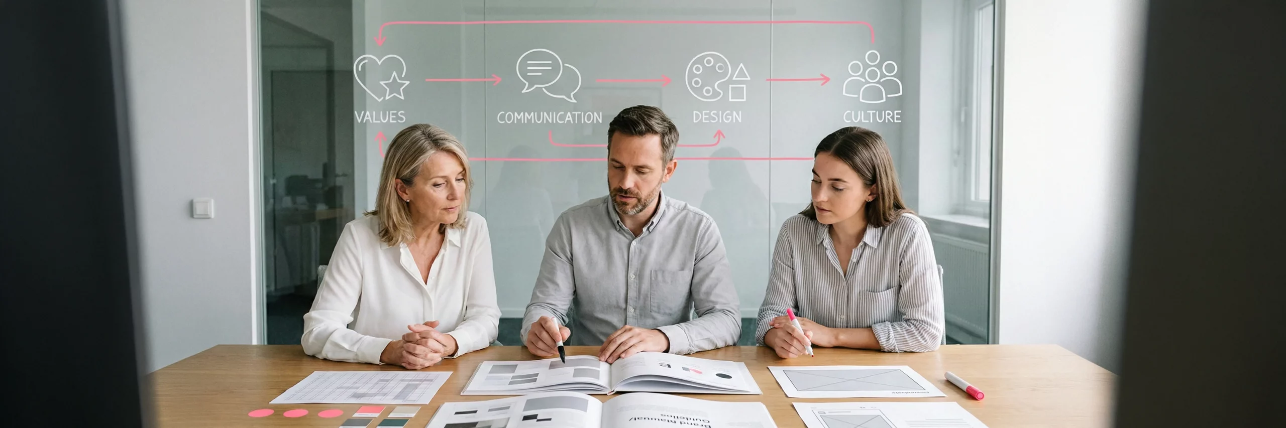 Team einer Corporate Identity Agentur entwickelt Guidelines und Designsystem mit Farbwelt, Typografie und Templates fuer einen konsistenten Markenauftritt.