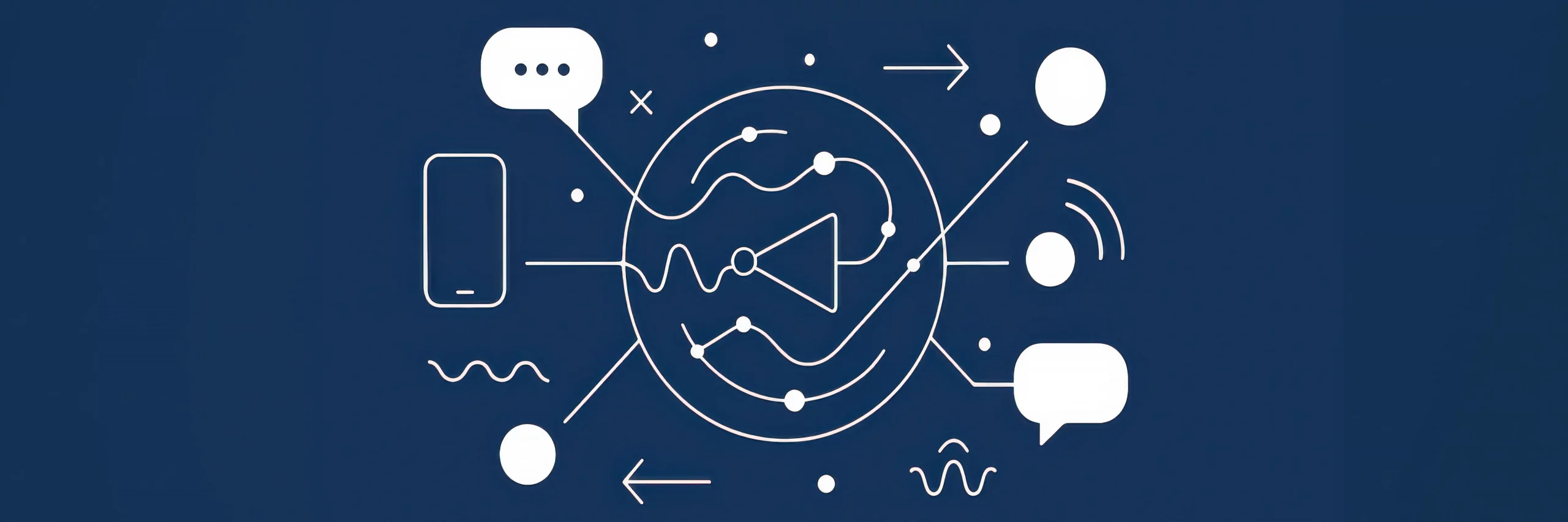 abstrakte illustration vernetzte kommunikation und digitale markenstrategie mit verbundenen symbolen für medien und netzwerke