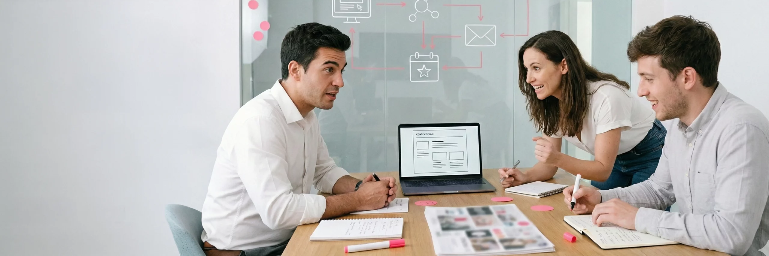 Team einer Kommunikationsagentur plant eine Kommunikationsstrategie mit Content-Planung und Kanal-Icons im Workshop.