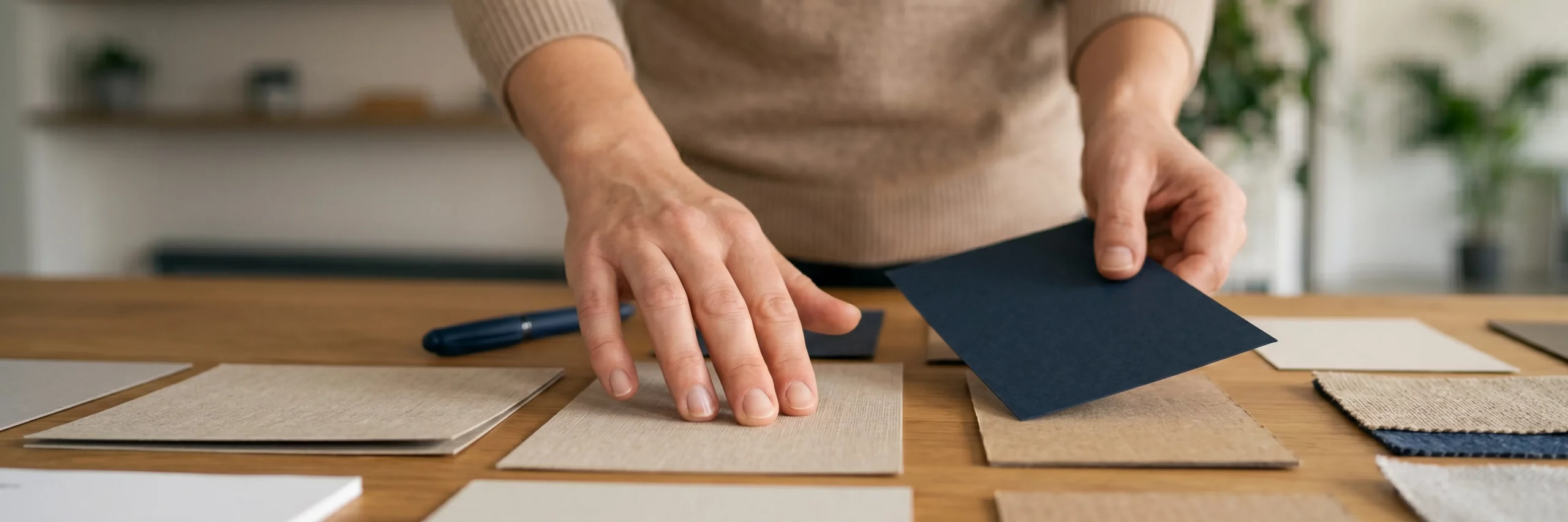 Nahaufnahme von Händen, die verschiedene hochwertige Papiersorten und Materialien prüfen.