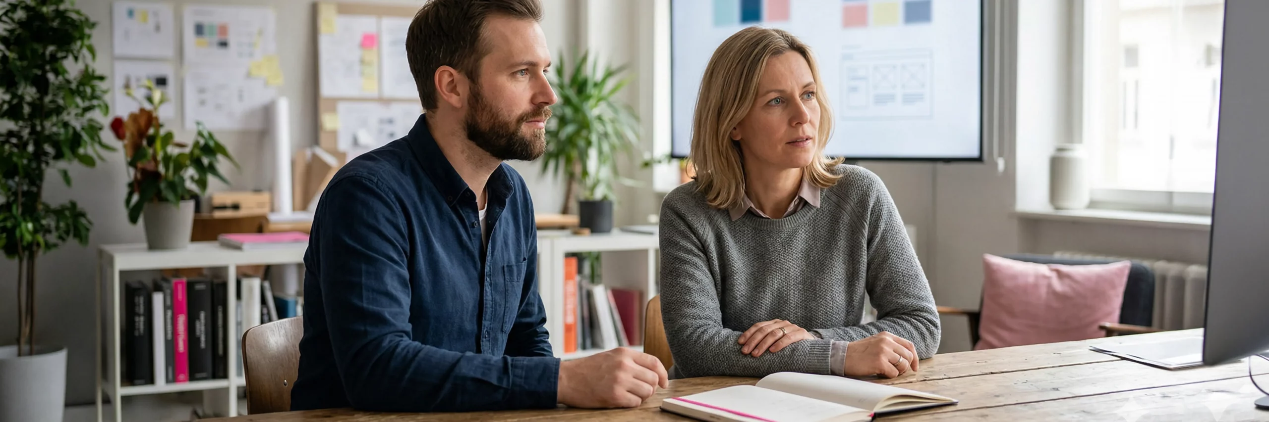 zwei experten einer ecommerce branding agentur betrachten konzentriert ein digitales konzept in einem buero.