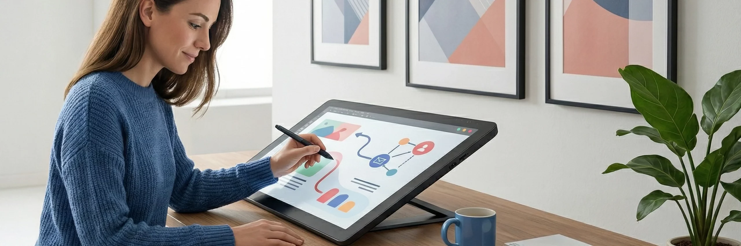 eine fokussierte designerin arbeitet an einem grafiktablet an einer visuellen strategie fuer eine ecommerce branding agentur.