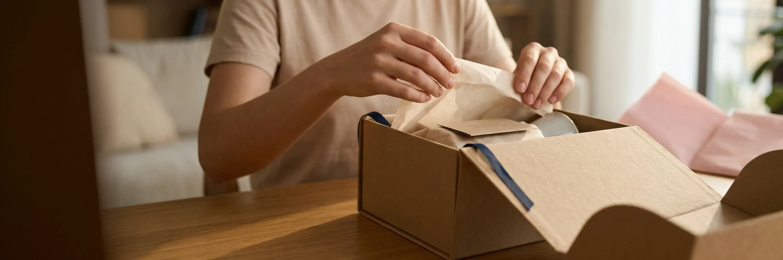 ein kunde oeffnet ein hochwertiges paket einer ecommerce branding agentur auf einem holztisch im tageslicht.