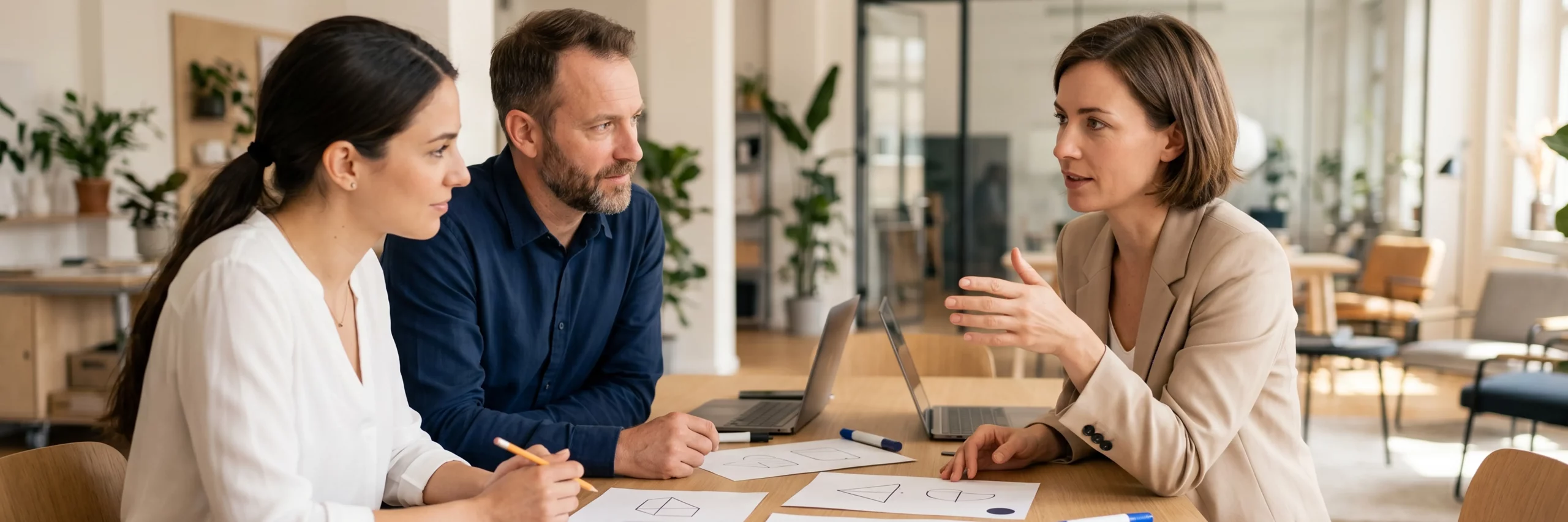 Ein Team bespricht verschiedene Modelle der Markenstruktur anhand von abstrakten Skizzen.