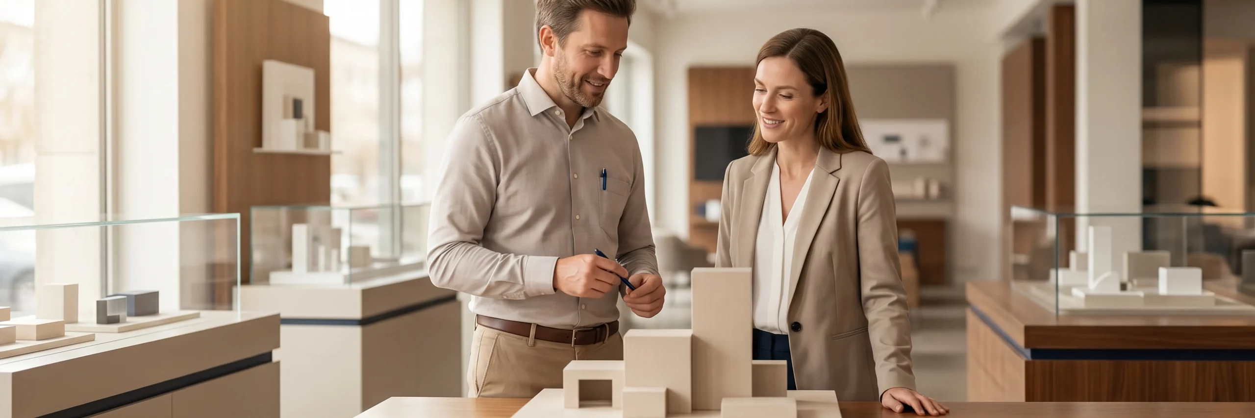 Ein Berater und ein Kunde stehen entspannt in einem Showroom und betrachten ein Ausstellungsstück.