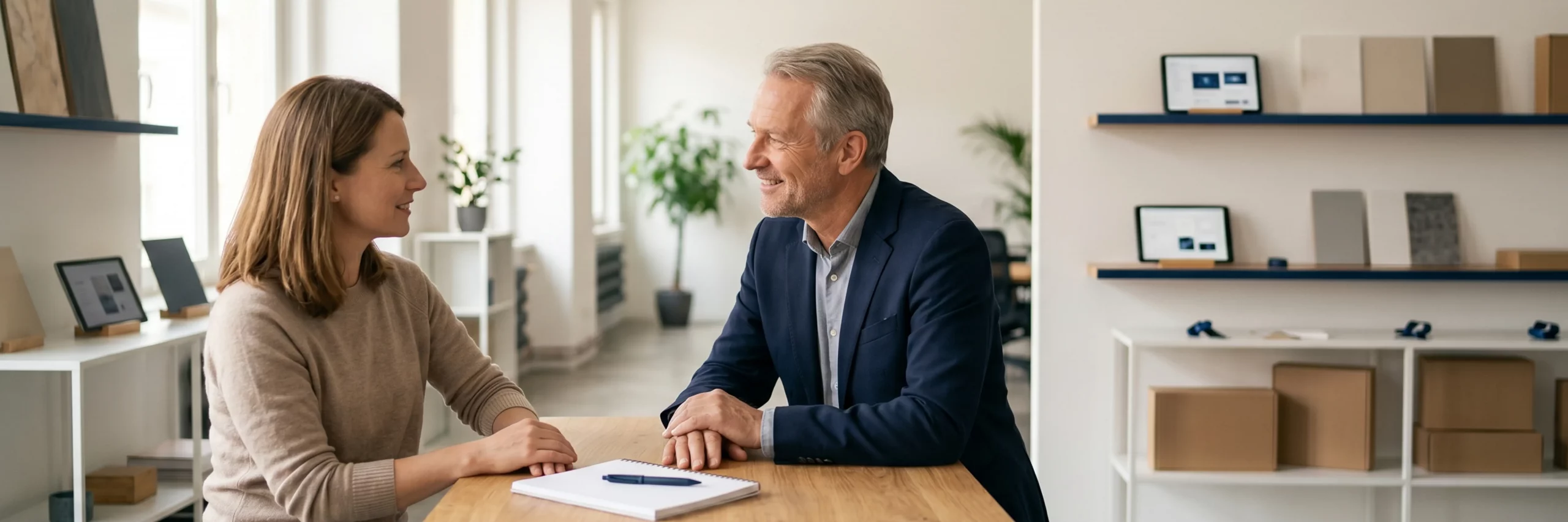 Ein Berater und ein Kunde im vertrauensvollen Gespräch in einem minimalistischen Raum.