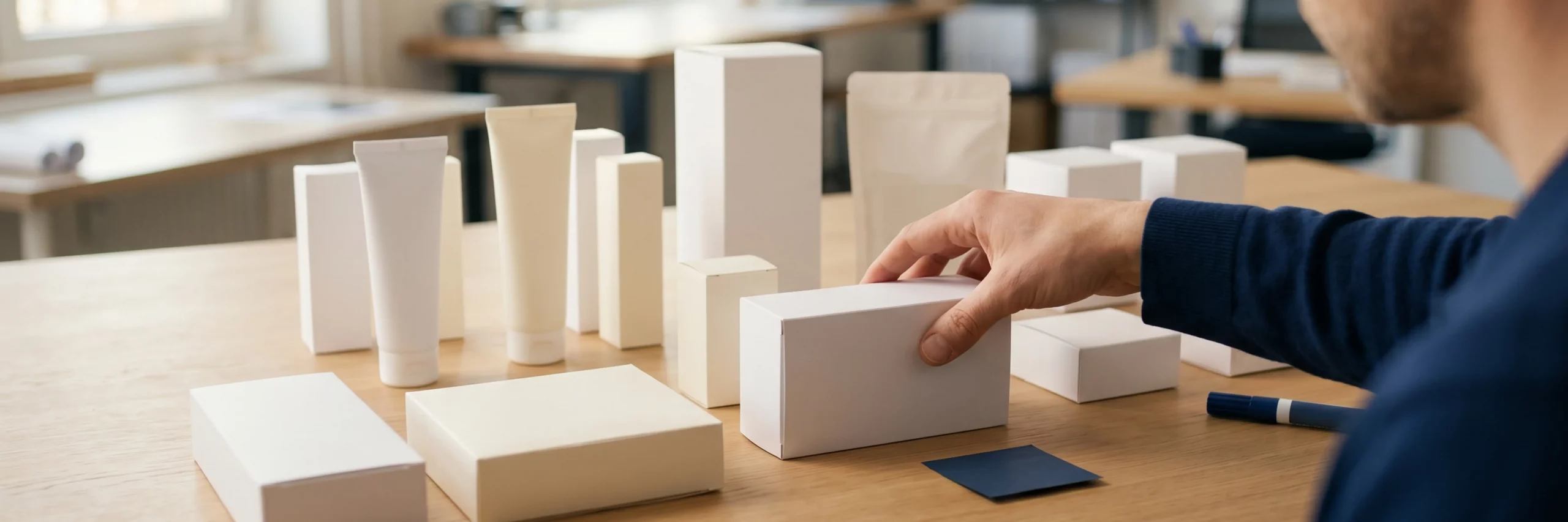 Eine Person ordnet verschiedene Verpackungsprototypen zu einer einheitlichen Produktfamilie an.