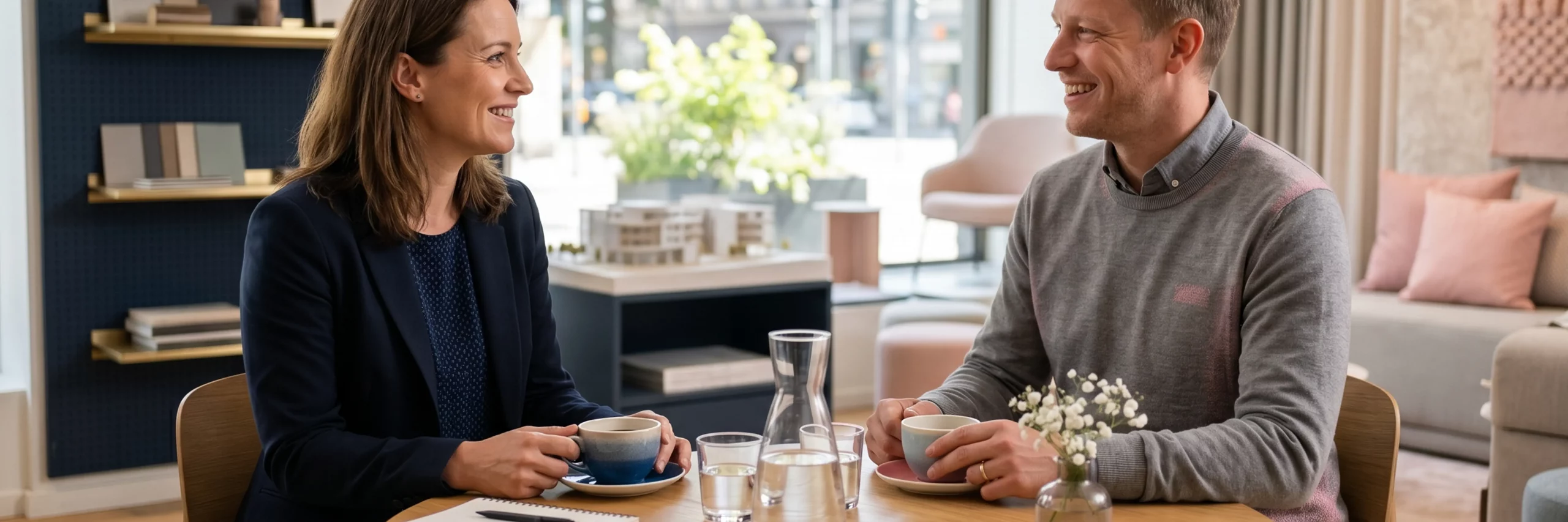 Ein Berater und ein Kunde im ruhigen Gespräch bei einem Kaffee