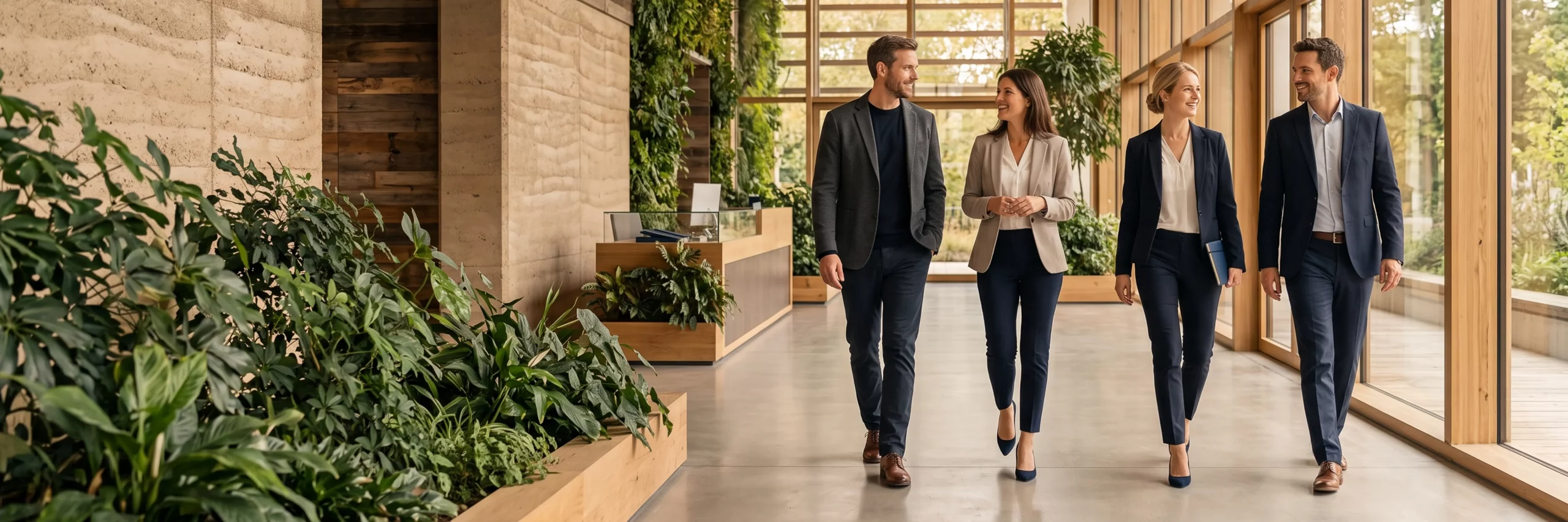Agenturberater und Kunden gehen gemeinsam durch einen hellen Showroom